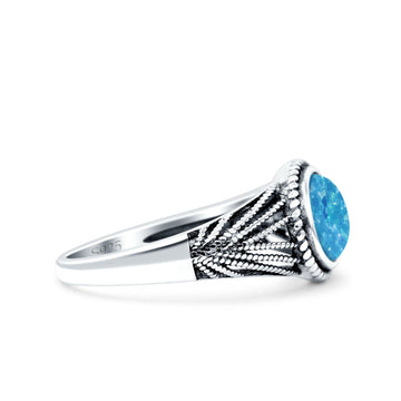 Vintage Style Petite Dainty Lab Opal Ring Solid Oval Oxidized Lab Created Blue Opal 925 Sterling Silver